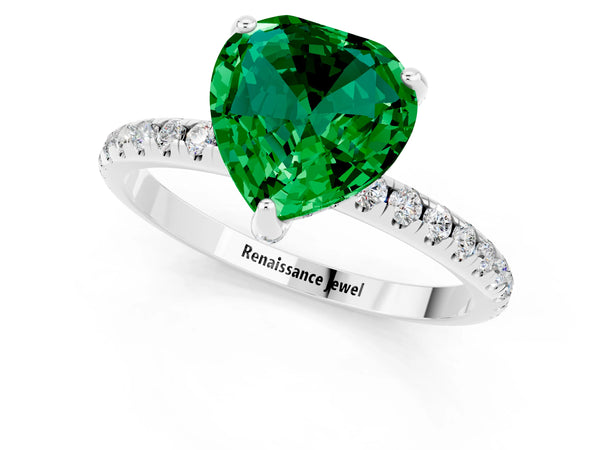 Platinum Heart Cut Emerald Hidden Halo Engagement Ring with Round Pavé Band and Prong Setting