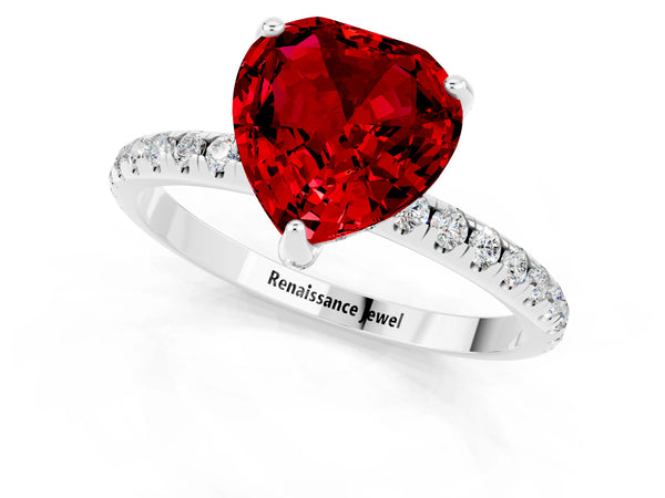 Silver Heart Cut Diamond Solitaire Ring with Four-Prong Setting and Pavé Band