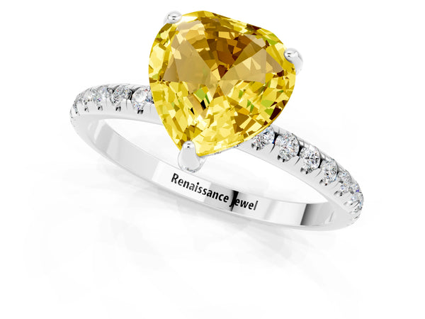 White gold Heart Cut Yellow Sapphire Hidden Halo Engagement Ring with Round Pavé Band and Prong Setting