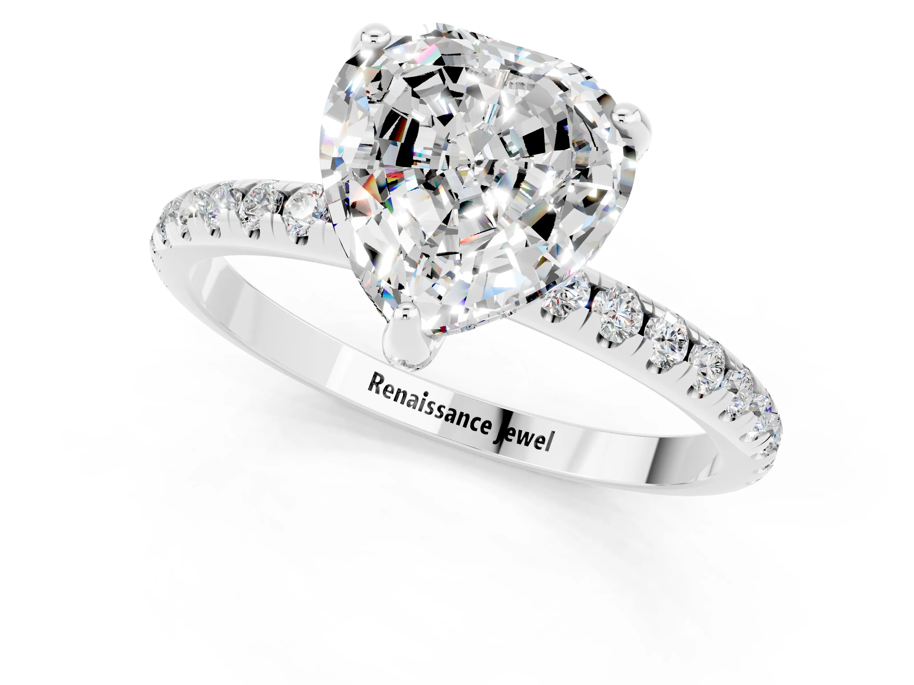 White gold Heart Cut Diamond Solitaire Ring with Four-Prong Setting and Pavé Band_1