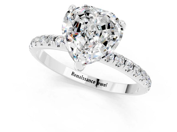 White gold Heart Cut Moissanite Hidden Halo Engagement Ring with Round Pavé Band and Prong Setting