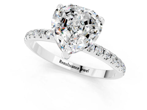 White gold Heart Cut Diamond Solitaire Ring with Four-Prong Setting and Pavé Band_1