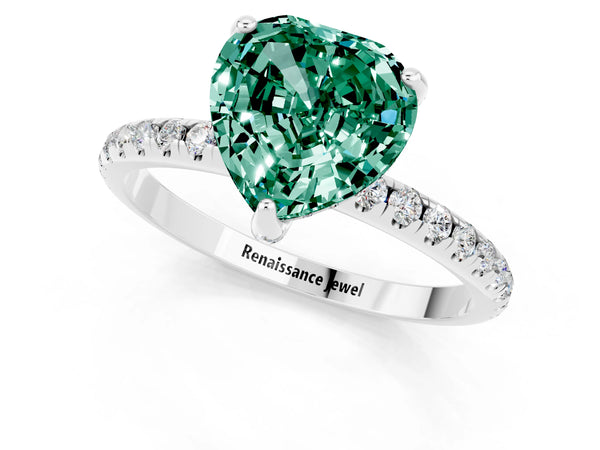 Silver Heart Cut Green Sapphire Hidden Halo Engagement Ring with Round Pavé Band and Prong Setting