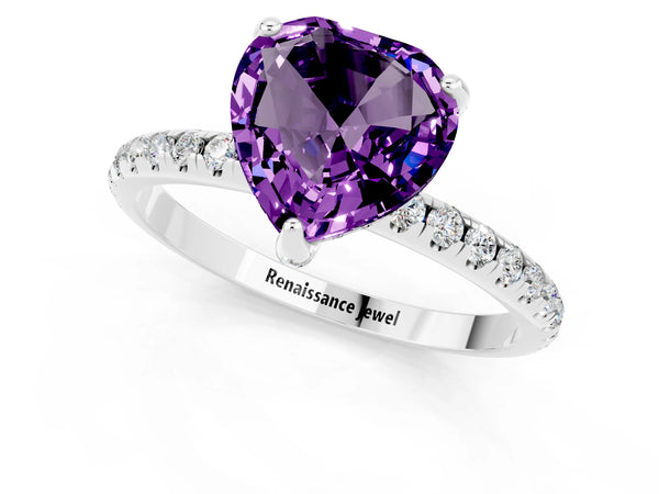 Platinum Heart Cut Amethyst Hidden Halo Engagement Ring with Round Pavé Band and Prong Setting
