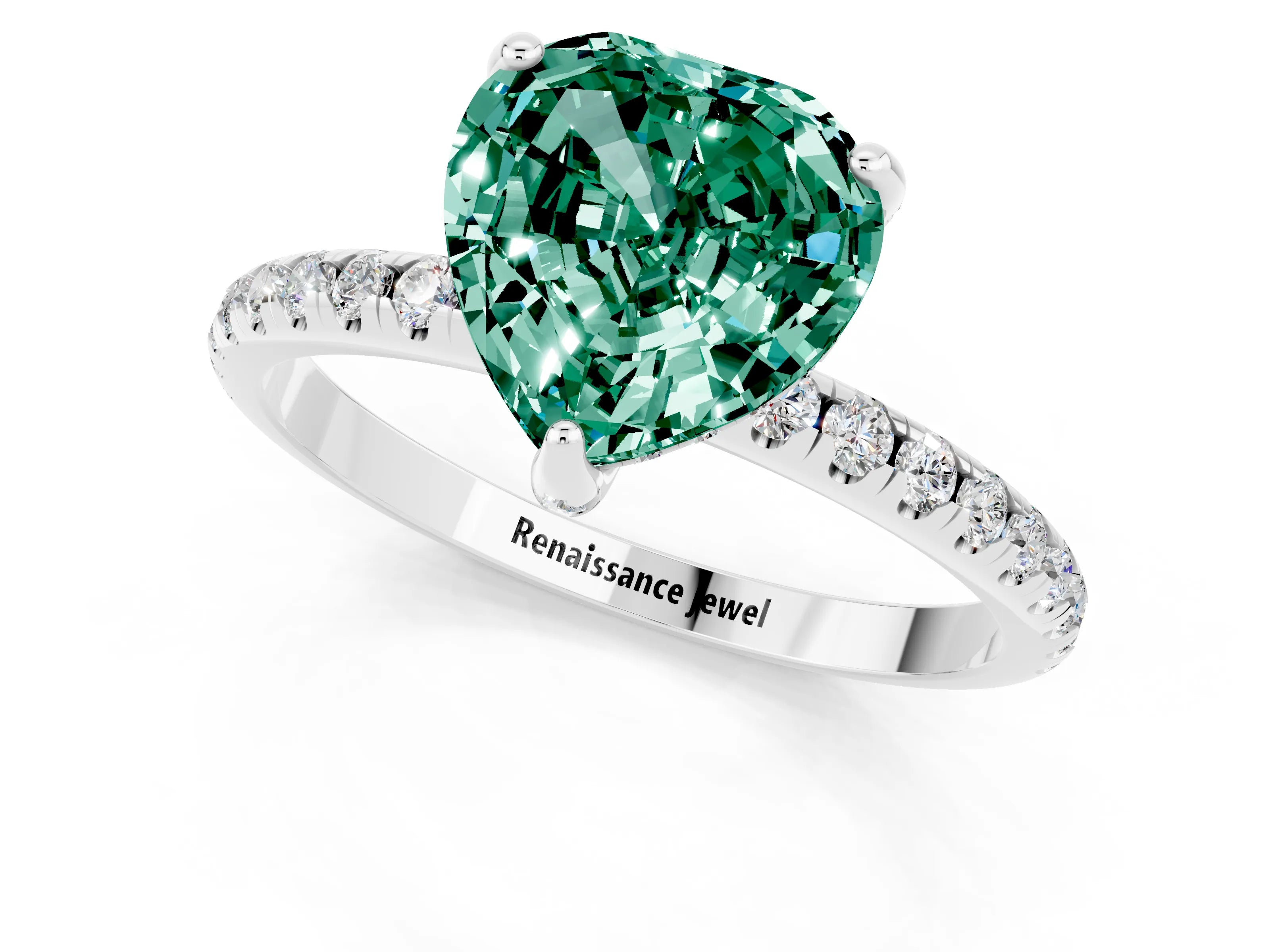 White gold Heart Cut Diamond Solitaire Ring with Four-Prong Setting and Pavé Band_1