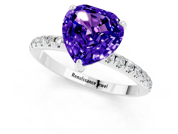 Platinum Heart Cut Tanzanite Hidden Halo Engagement Ring with Round Pavé Band and Prong Setting