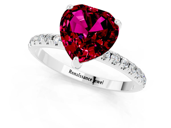 White gold Heart Cut Garnet Hidden Halo Engagement Ring with Round Pavé Band and Prong Setting
