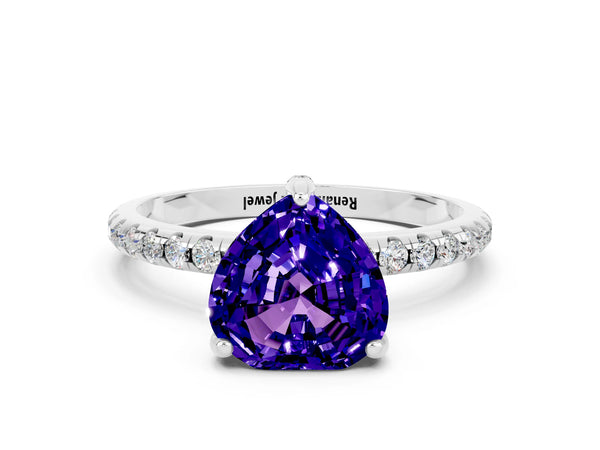 Platinum Heart Cut Tanzanite Hidden Halo Engagement Ring with Round Pavé Band and Prong Setting
