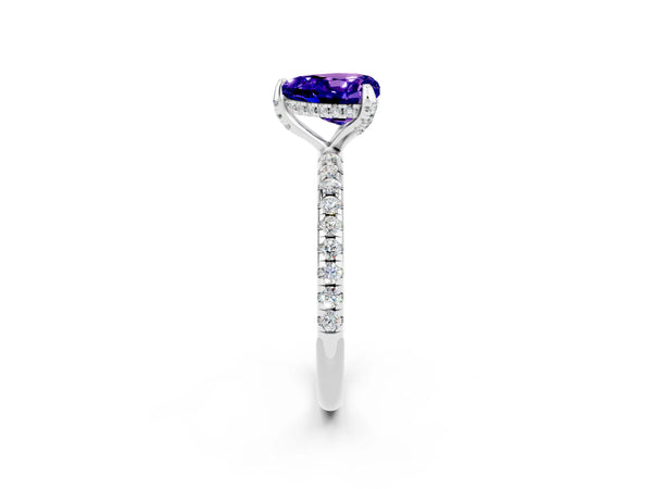Platinum Heart Cut Tanzanite Hidden Halo Engagement Ring with Round Pavé Band and Prong Setting