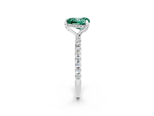 Silver Heart Cut Green Sapphire Hidden Halo Engagement Ring with Round Pavé Band and Prong Setting