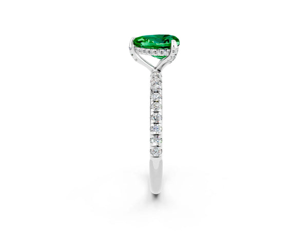 Silver Heart Cut Emerald Hidden Halo Engagement Ring with Round Pavé Band and Prong Setting