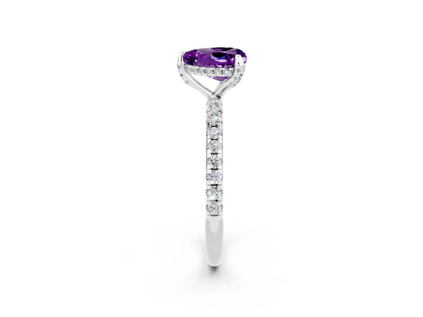 Silver Heart Cut Amethyst Hidden Halo Engagement Ring with Round Pavé Band and Prong Setting