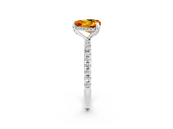 Silver Heart Cut Citrine Hidden Halo Engagement Ring with Round Pavé Band and Prong Setting