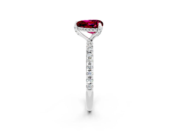 Platinum Heart Cut Garnet Hidden Halo Engagement Ring with Round Pavé Band and Prong Setting