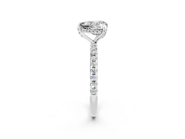 Silver Heart Cut Moissanite Hidden Halo Engagement Ring with Round Pavé Band and Prong Setting