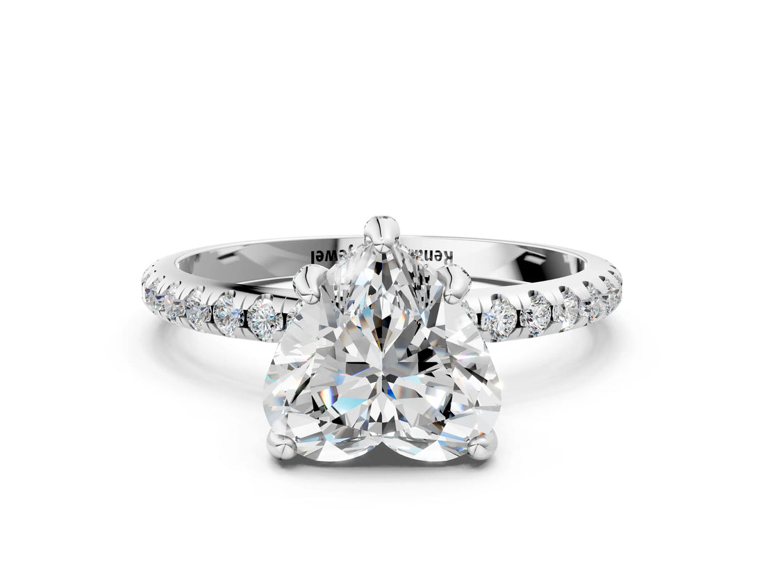 White gold Heart Cut Diamond Solitaire Ring with Four-Prong Setting and Pavé Band_3