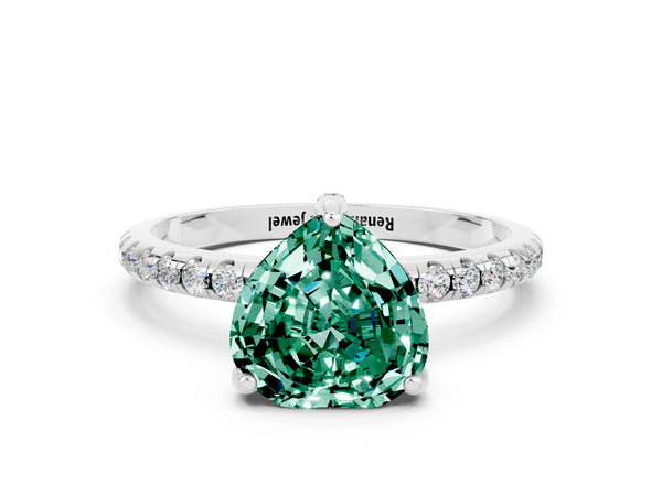 Platinum Heart Cut Green Sapphire Hidden Halo Engagement Ring with Round Pavé Band and Prong Setting