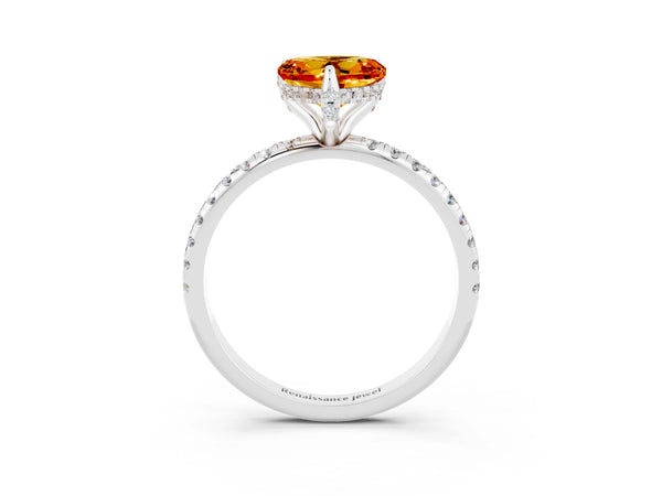 Platinum Heart Cut Citrine Hidden Halo Engagement Ring with Round Pavé Band and Prong Setting