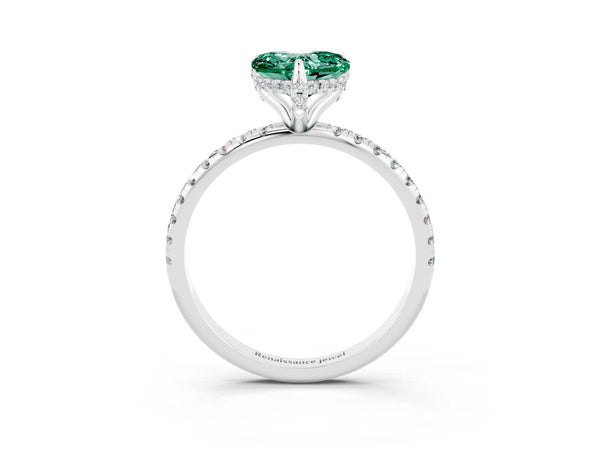 Platinum Heart Cut Green Sapphire Hidden Halo Engagement Ring with Round Pavé Band and Prong Setting