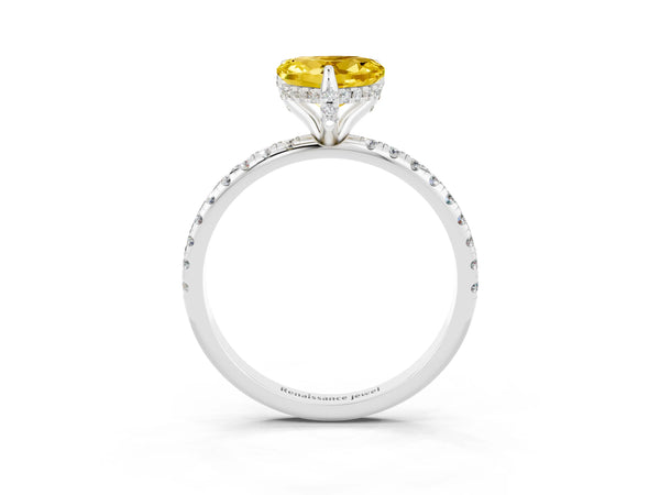 Silver Heart Cut Yellow Sapphire Hidden Halo Engagement Ring with Round Pavé Band and Prong Setting