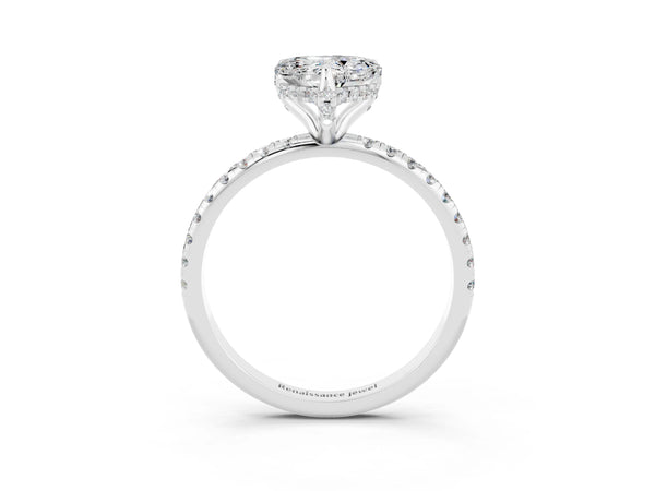 Platinum Heart Cut Moissanite Hidden Halo Engagement Ring with Round Pavé Band and Prong Setting