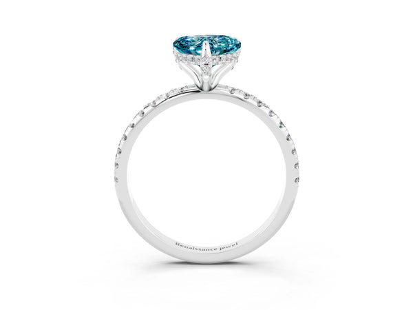 Silver Heart Cut Diamond Solitaire Ring with Four-Prong Setting and Pavé Band