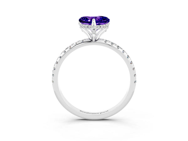 White gold Heart Cut Tanzanite Hidden Halo Engagement Ring with Round Pavé Band and Prong Setting