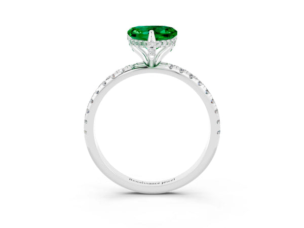 Silver Heart Cut Emerald Hidden Halo Engagement Ring with Round Pavé Band and Prong Setting