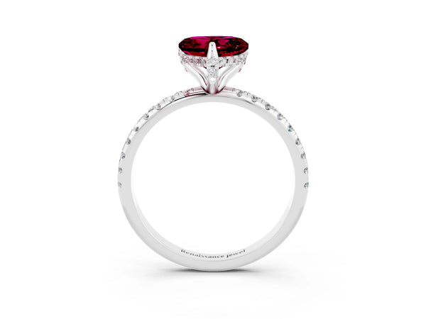 White gold Heart Cut Garnet Hidden Halo Engagement Ring with Round Pavé Band and Prong Setting