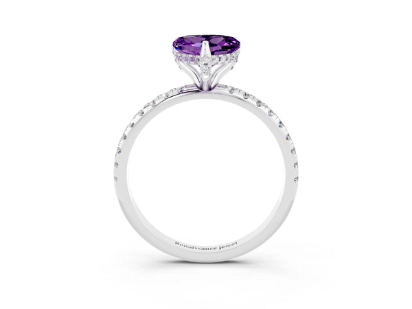 White gold Heart Cut Amethyst Hidden Halo Engagement Ring with Round Pavé Band and Prong Setting