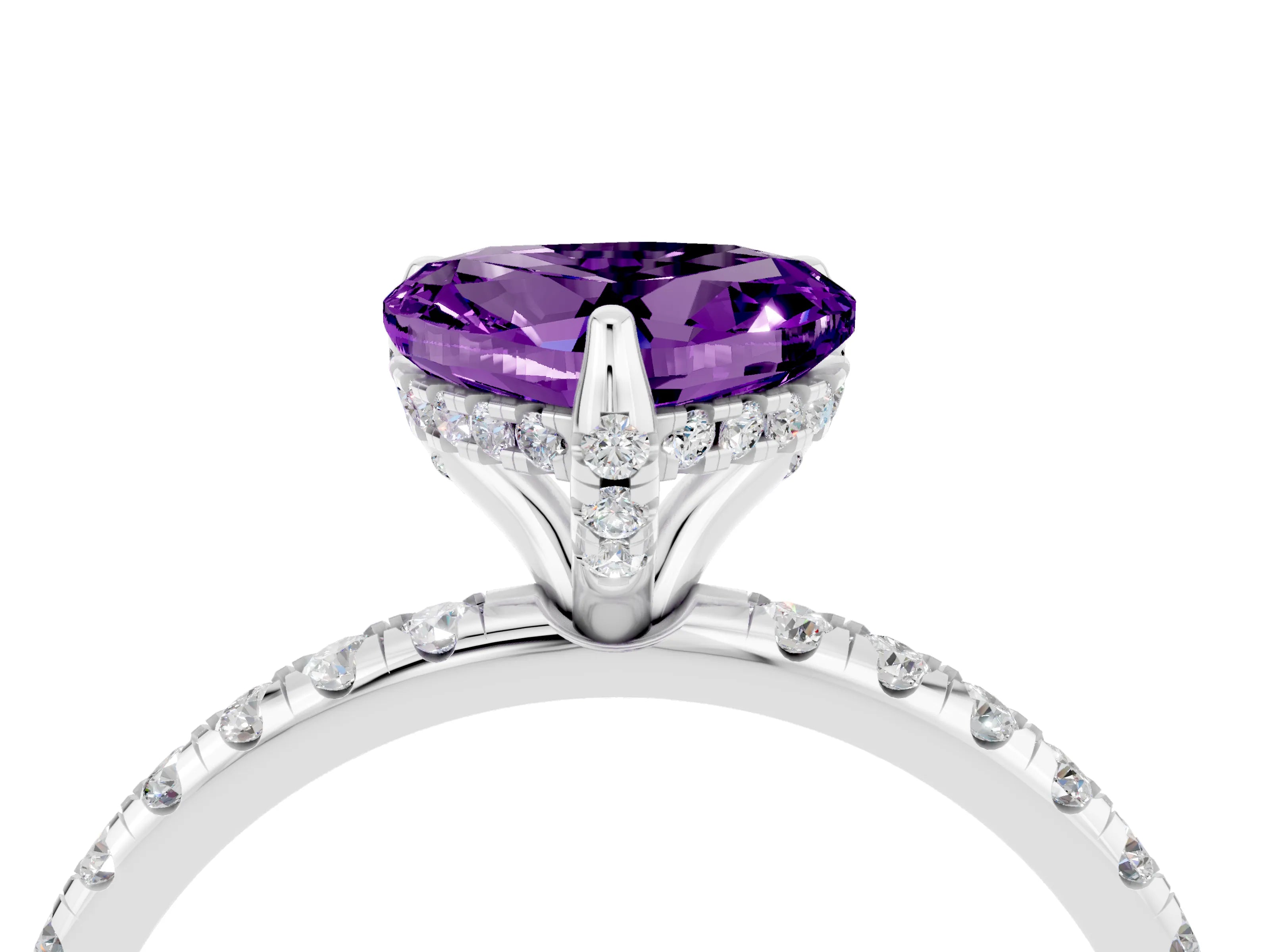 White gold Heart Cut Diamond Solitaire Ring with Four-Prong Setting and Pavé Band_4