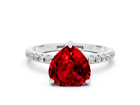 White gold Heart Cut Diamond Solitaire Ring with Four-Prong Setting and Pavé Band