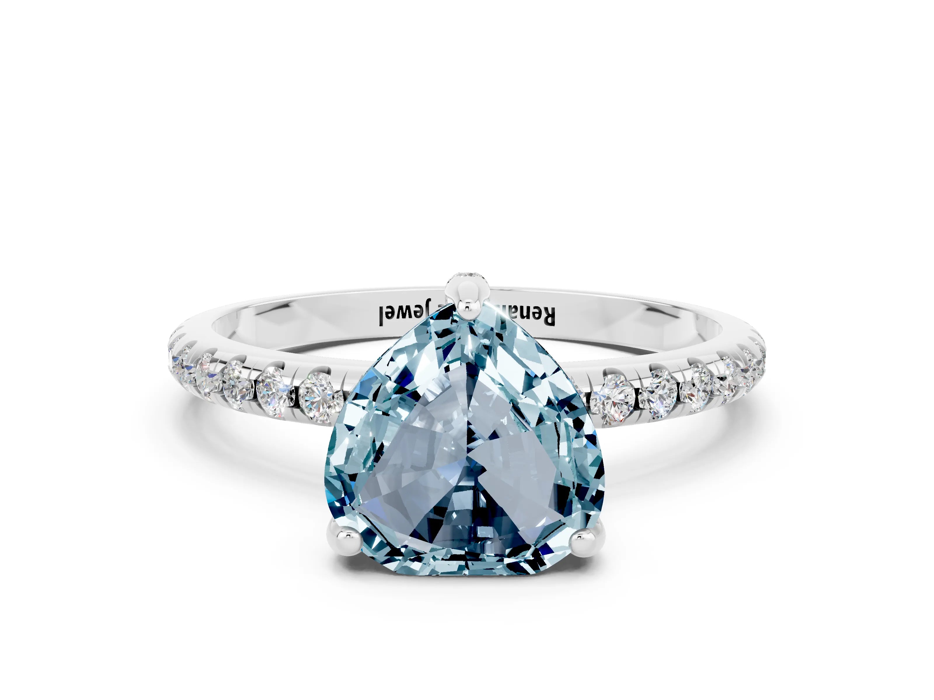 White gold Heart Cut Diamond Solitaire Ring with Four-Prong Setting and Pavé Band