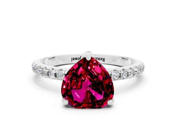 White gold Heart Cut Garnet Hidden Halo Engagement Ring with Round Pavé Band and Prong Setting