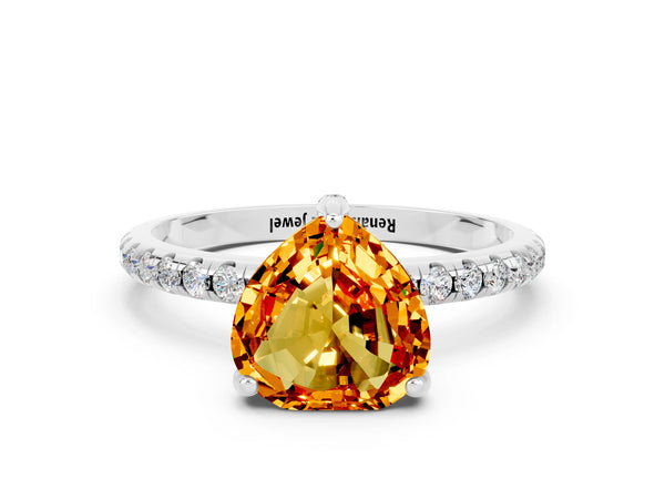 Platinum Heart Cut Citrine Hidden Halo Engagement Ring with Round Pavé Band and Prong Setting