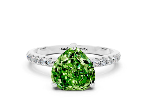 White gold Heart Cut Diamond Solitaire Ring with Four-Prong Setting and Pavé Band