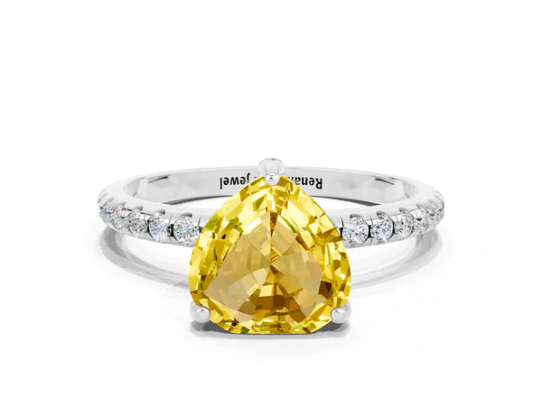Platinum Heart Cut Yellow Sapphire Hidden Halo Engagement Ring with Round Pavé Band and Prong Setting