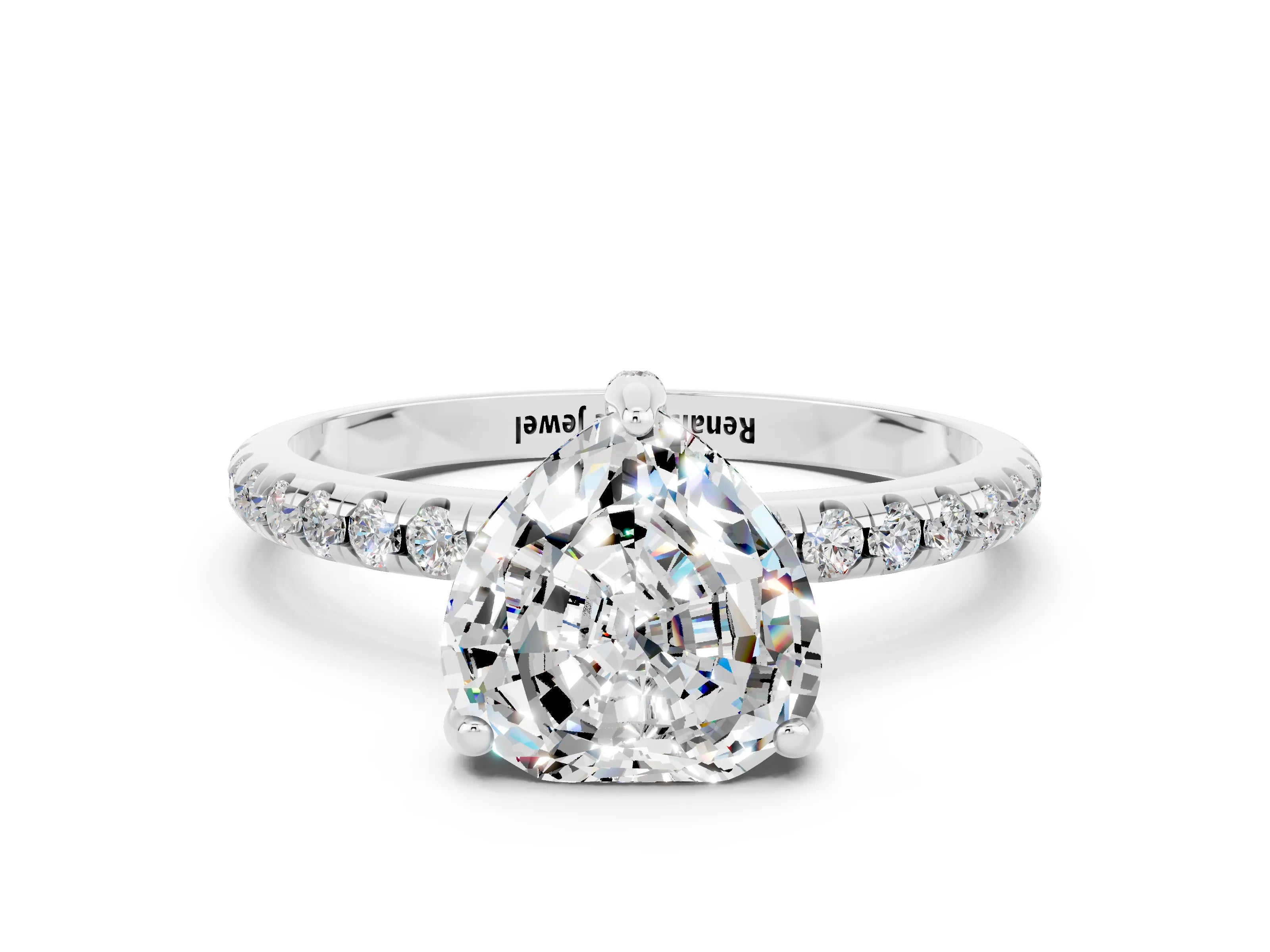 White gold Heart Cut Diamond Solitaire Ring with Four-Prong Setting and Pavé Band