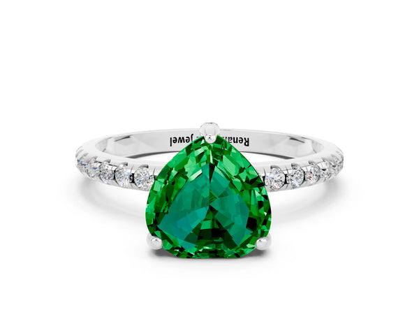 Platinum Heart Cut Emerald Hidden Halo Engagement Ring with Round Pavé Band and Prong Setting