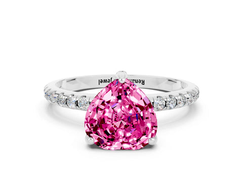 White gold Heart Cut Diamond Solitaire Ring with Four-Prong Setting and Pavé Band