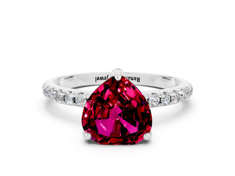 White gold Heart Cut Diamond Solitaire Ring with Four-Prong Setting and Pavé Band