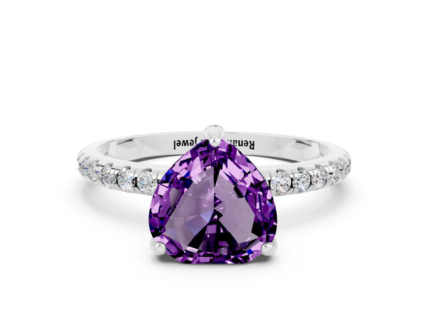 Platinum Heart Cut Amethyst Hidden Halo Engagement Ring with Round Pavé Band and Prong Setting