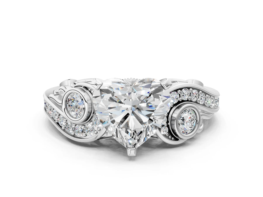 White gold Heart Cut Diamond Solitaire Ring with Milgrain Pavé Band and Four-Prong Setting