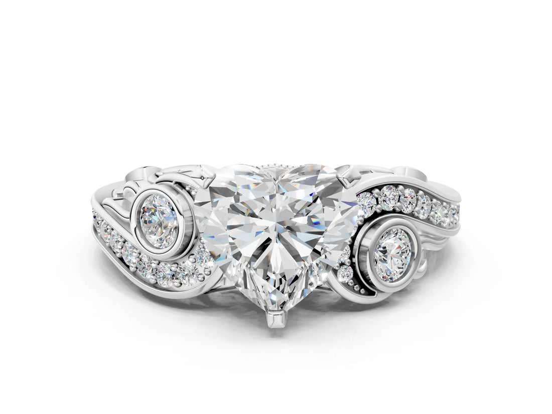 10K White Gold 4.09 Carat E VVS2 Heart Diamond Solitaire Ring with Milgrain Pavé Band and Four-Prong Setting