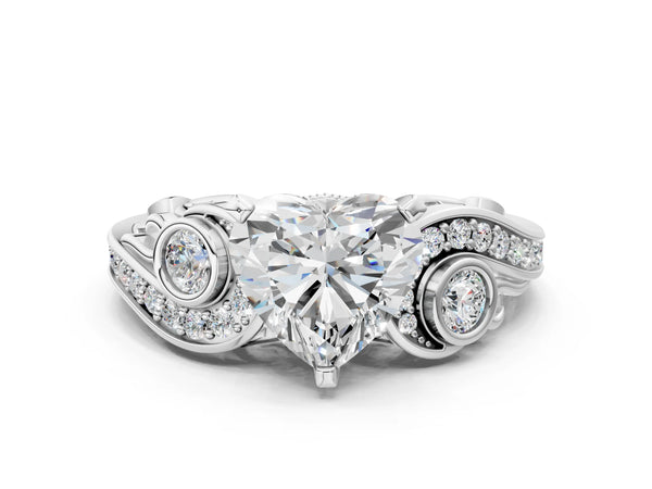 10K White Gold 4.09 Carat E VVS2 Heart Diamond Solitaire Ring with Milgrain Pavé Band and Four-Prong Setting