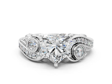 10K White Gold 4.09 Carat E VVS2 Heart Diamond Solitaire Ring with Milgrain Pavé Band and Four-Prong Setting