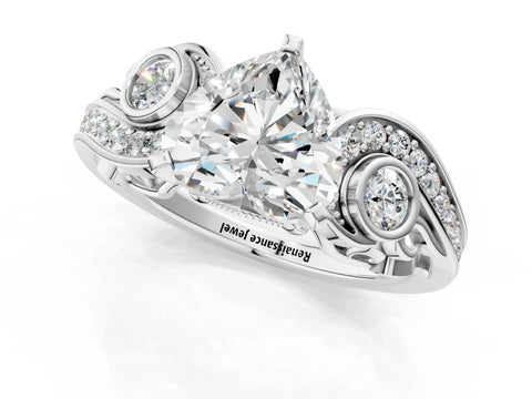 10K White Gold 4.09 Carat E VVS2 Heart Diamond Solitaire Ring with Milgrain Pavé Band and Four-Prong Setting