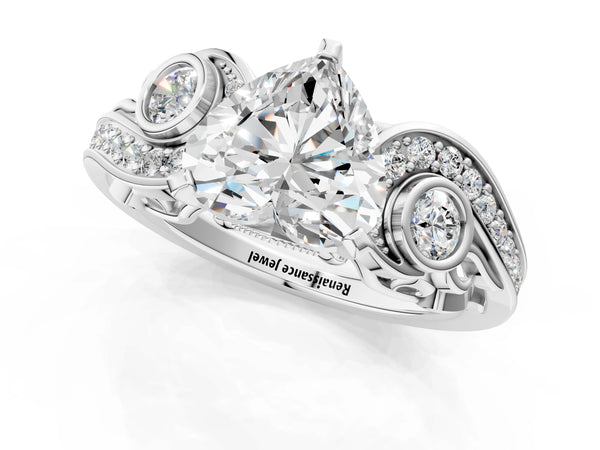 White gold Heart Cut Diamond Solitaire Ring with Milgrain Pavé Band and Four-Prong Setting