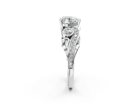 10K White Gold 4.09 Carat E VVS2 Heart Diamond Solitaire Ring with Milgrain Pavé Band and Four-Prong Setting