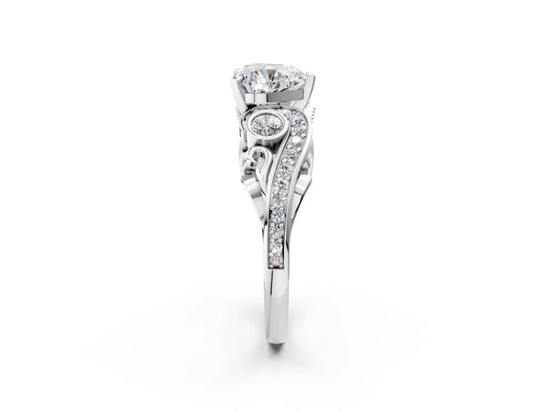 White gold Heart Cut Diamond Solitaire Ring with Milgrain Pavé Band and Four-Prong Setting